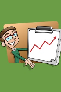 Cartoon image of a man presenting a graph.
