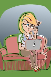 Cartoon image of a woman on a coach working on a laptop.
