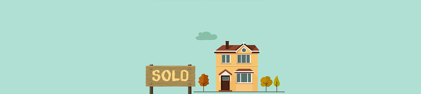 Illustration of home with sold sign in yard. Close up of two hands shaking.