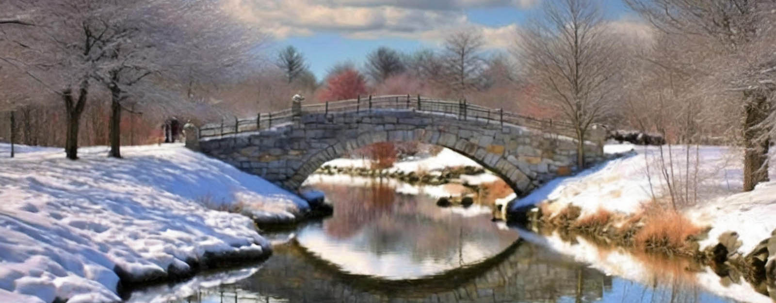Computer generated image of a stone arch bridge spanning a creek along snow covered woods.