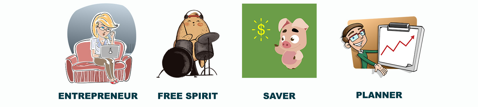 Various cartoon images representing an entrepreneur, free spirit, saver and planner.