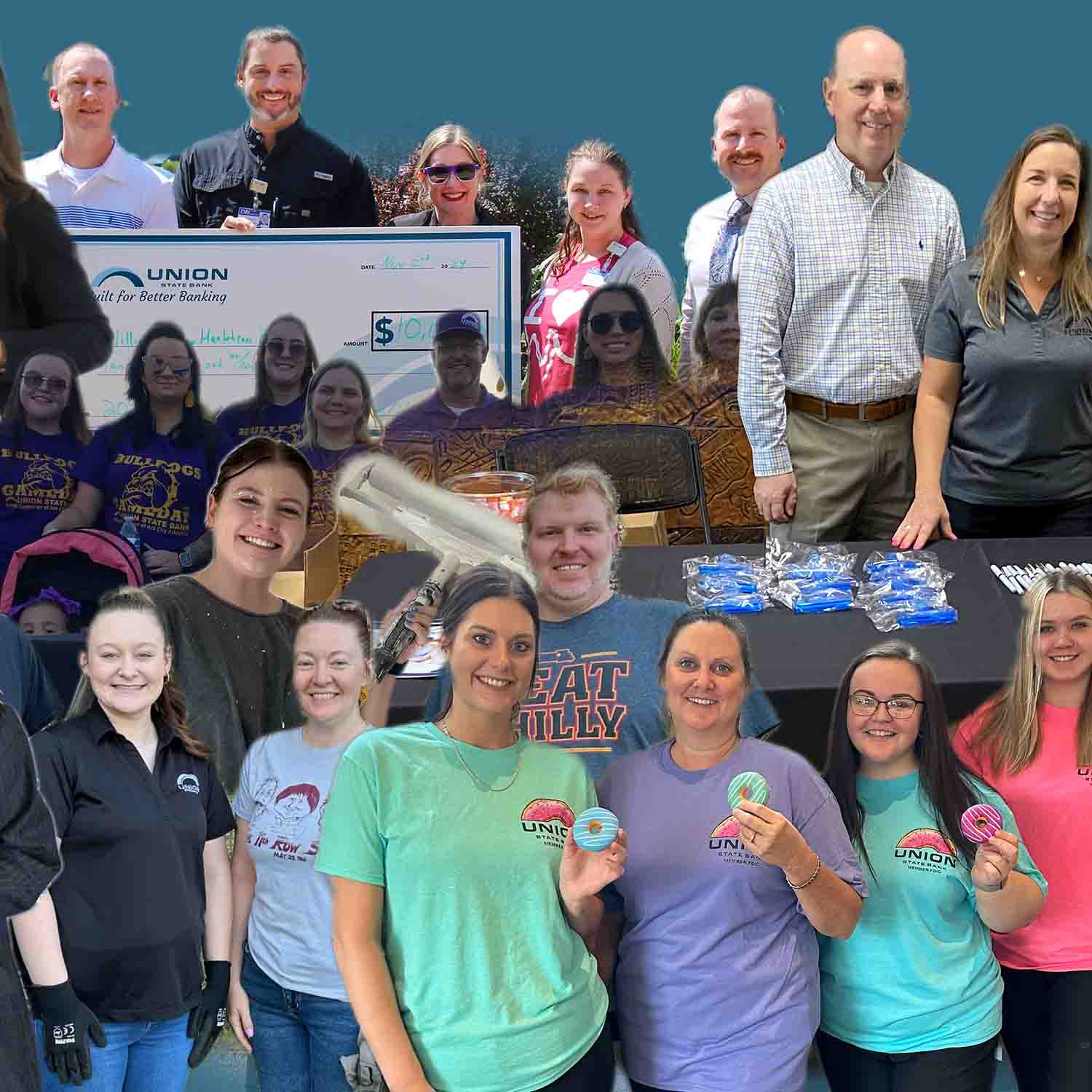 Photo collage of various Union State Bank staff members volunteering.