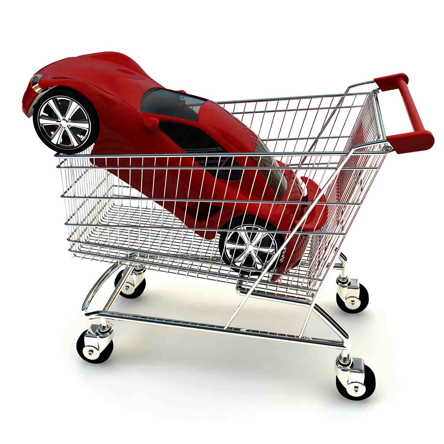Image of a red sports car inside of a shopping cart.