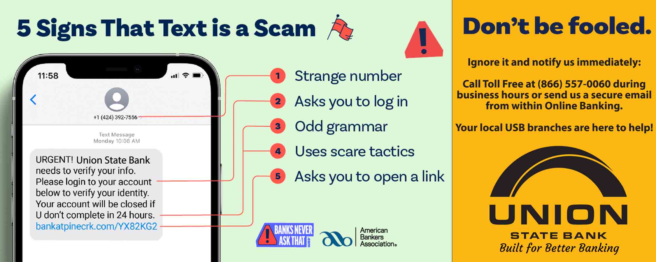 Infograph outlining five signs of text scams. Notify USB at 866-557-0060 to report.