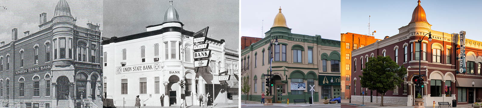Four photos of the original Union State Building in Arkansas City KS, ranging from the early 1900's to present. 