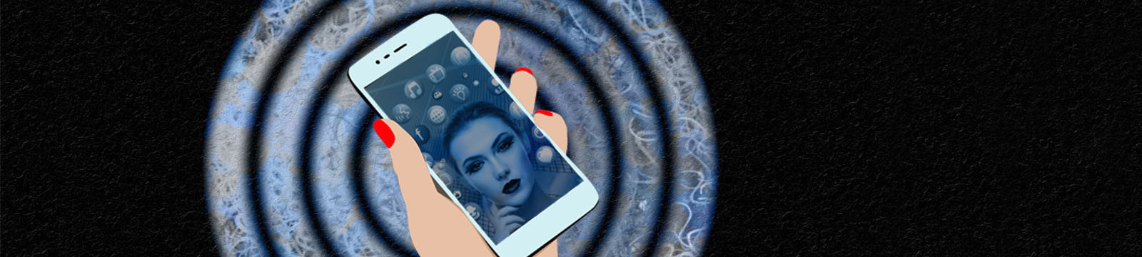Drawing of a hand holding a cell phone with computer generated woman's face and app icons on the screen.
