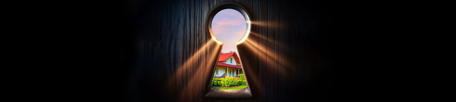 Light shining through the keyhole of a wooden door with a bright house visible through the hole.