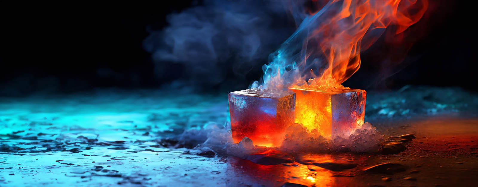 Image of ice cubes glowing from within with flames and smoke rising above.