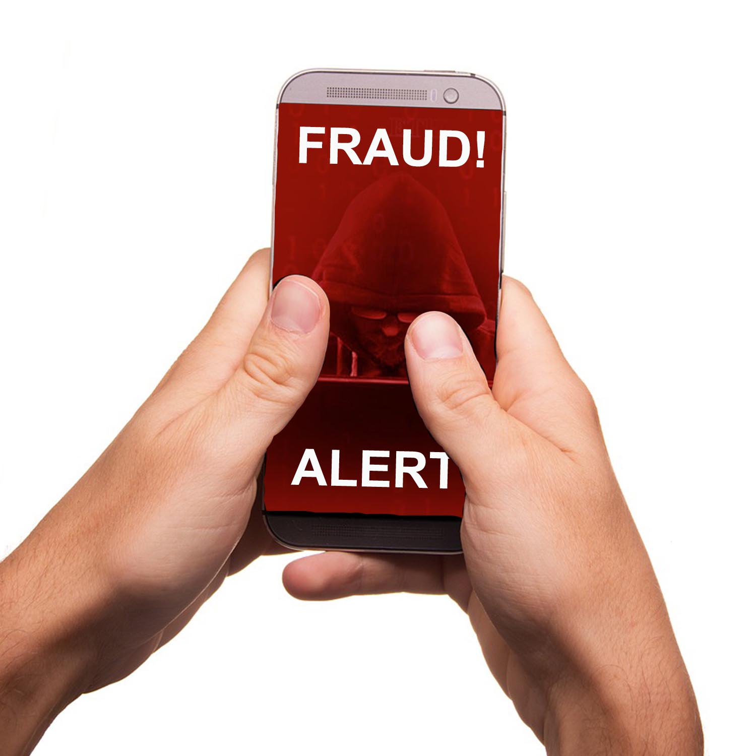 Hands holding a cell phone with image of a hacker in red with text reading "Fraud Alert" flashing across the screen.