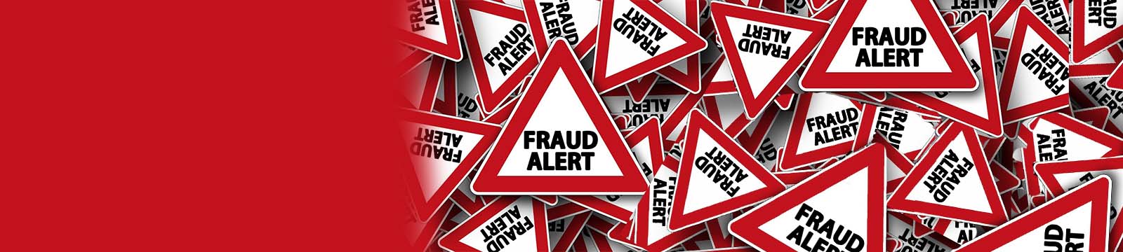 Image of a pile of various sized caution triangles that read "Fraud Alert". 