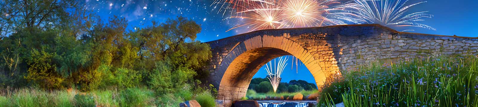 Artist concept of stone arch bridge with fireworks display in background.