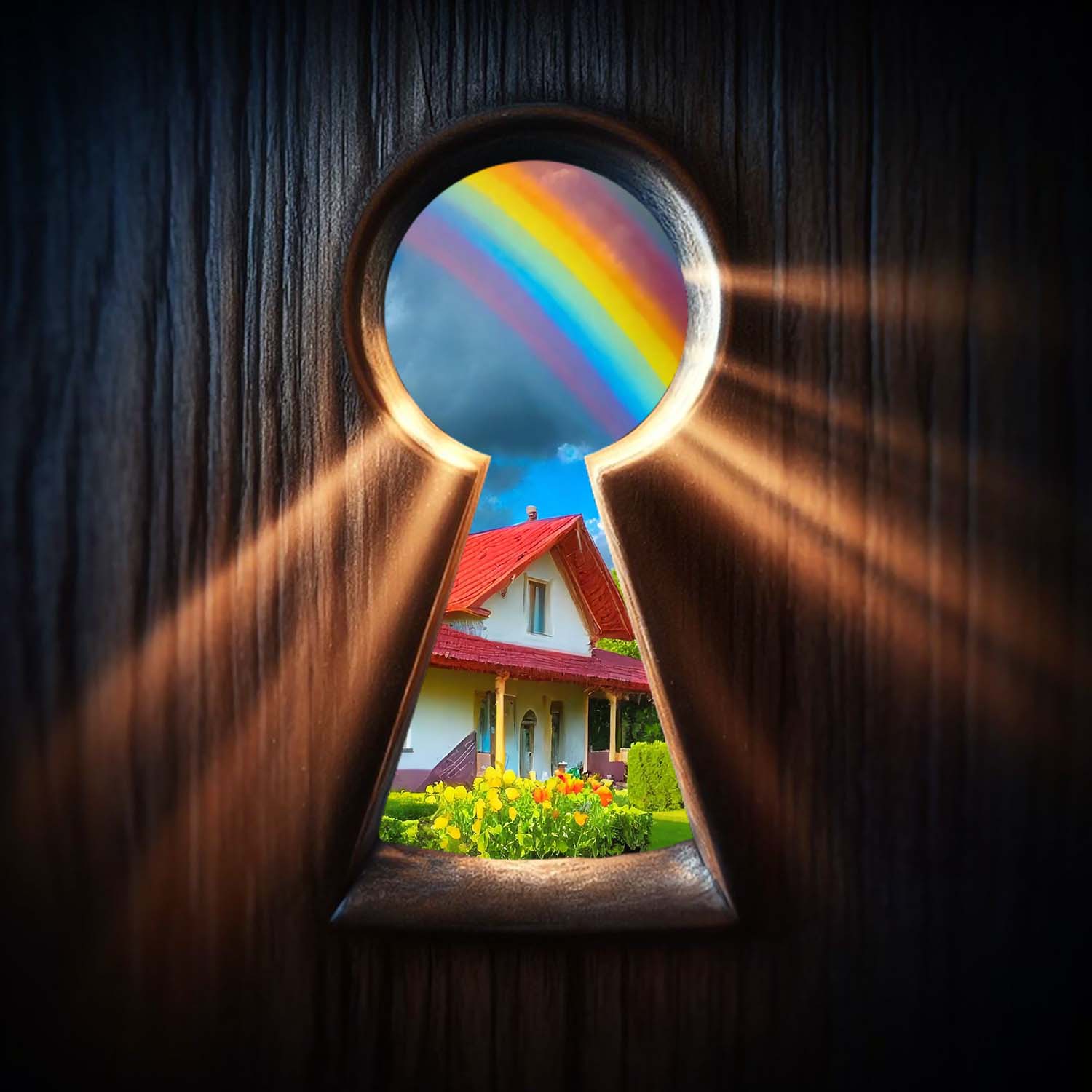 Light shining through the keyhole of a wooden door with a bright house visible through the hole.