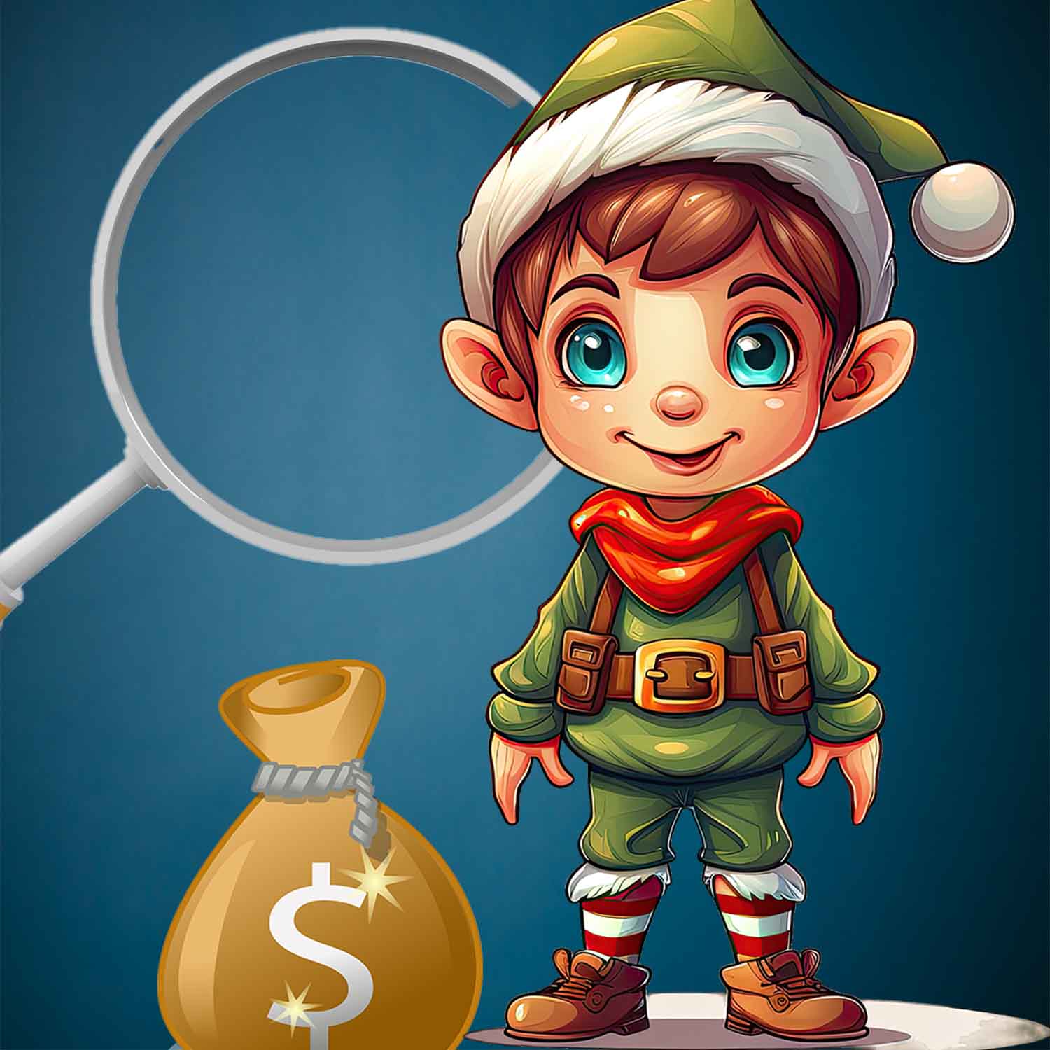 Artist concept of a young elf with a money bag standing in front of a magnifying glass.