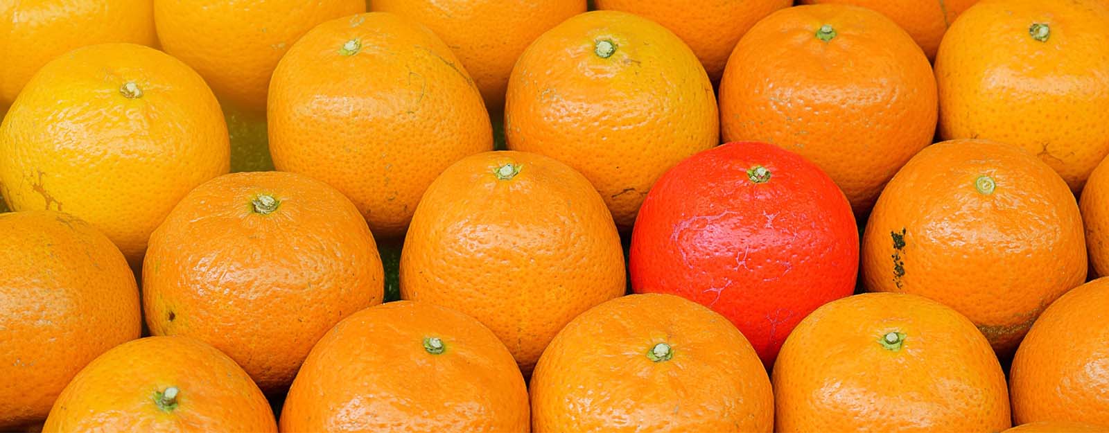 Image of stacked oranges, each identical in color except for one which is a brighter orange.  Union State Bank commercial business services.