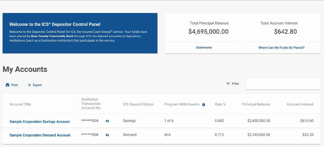 Image of a sample screen from the IntraFi Depositor Control Panel showing account details.