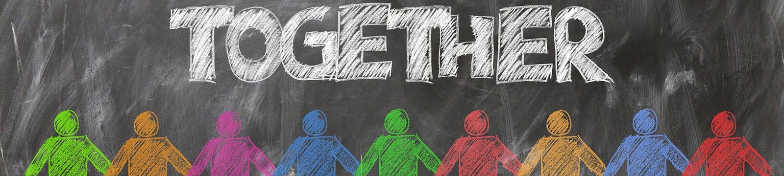 Image of a chalkboard with mutli-colored stick figures holding hands and the word "together" above.