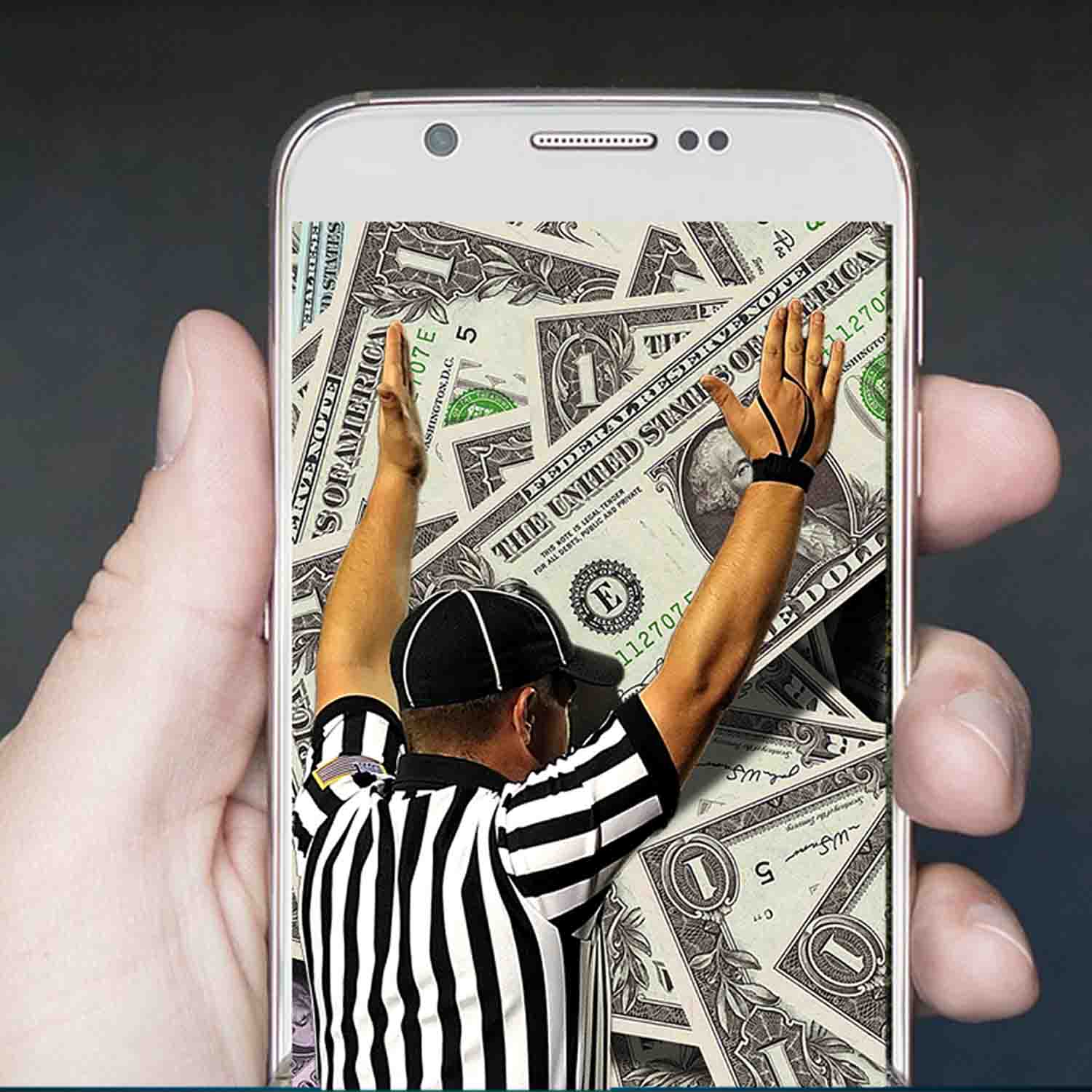 Graphic of a hand holding a smart phone with the image of a referee signaling a touchdown and dollar bills in the background.