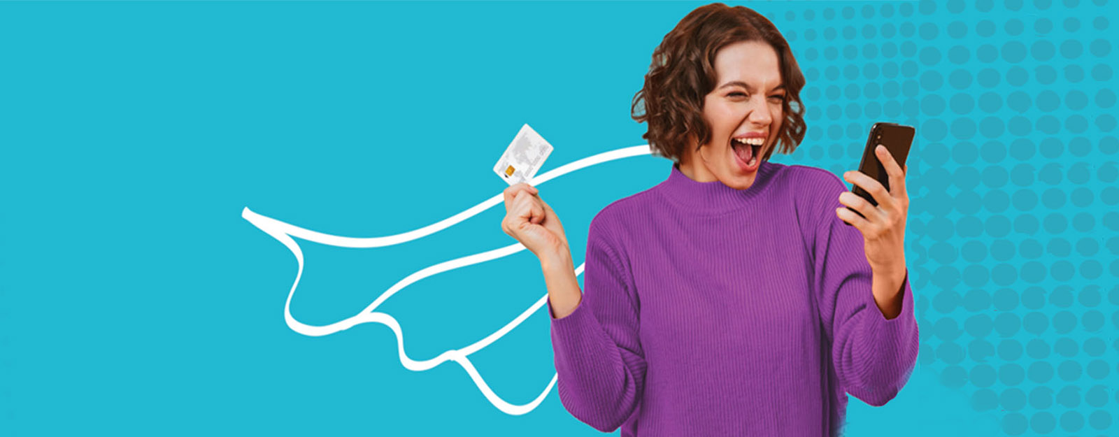 Woman looking at her cell phone while holding her debit card and wearing a super hero cape.