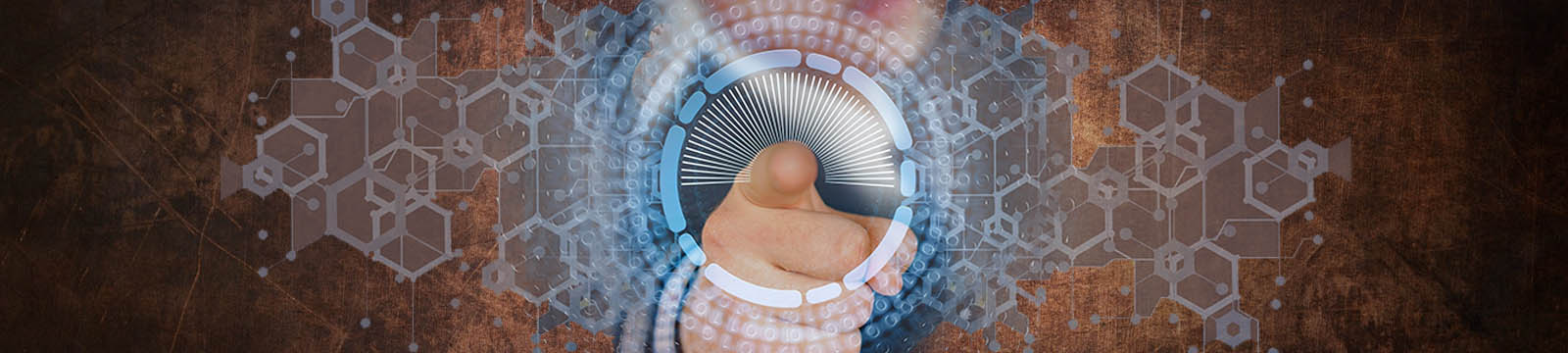 Artist concept of a close up of a person's hand pointing forward to the center of a geometric design.