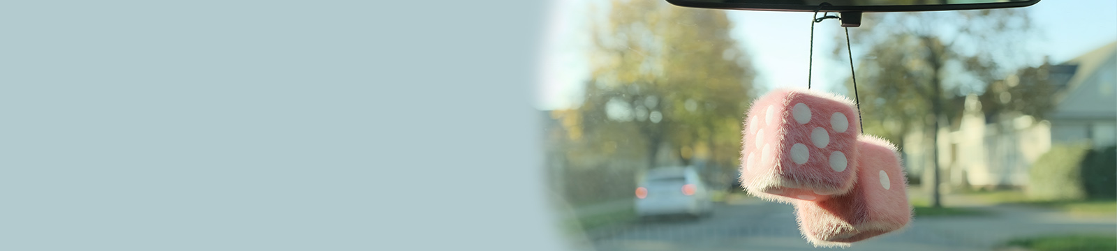 Image from the perspective of looking out of a car's front window with pink, fuzzy dice hanging from the rearview mirror.