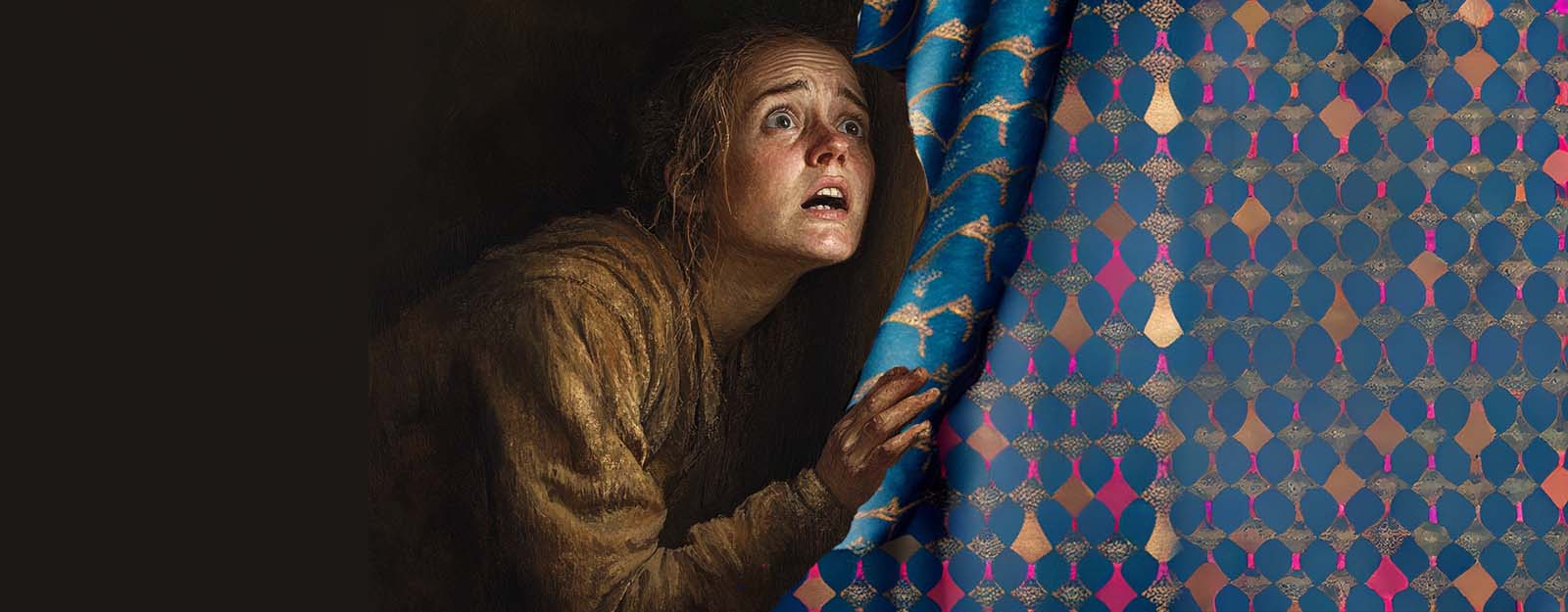 Artist Concept of woman looking terrified as she clings to holiday wrapping paper.