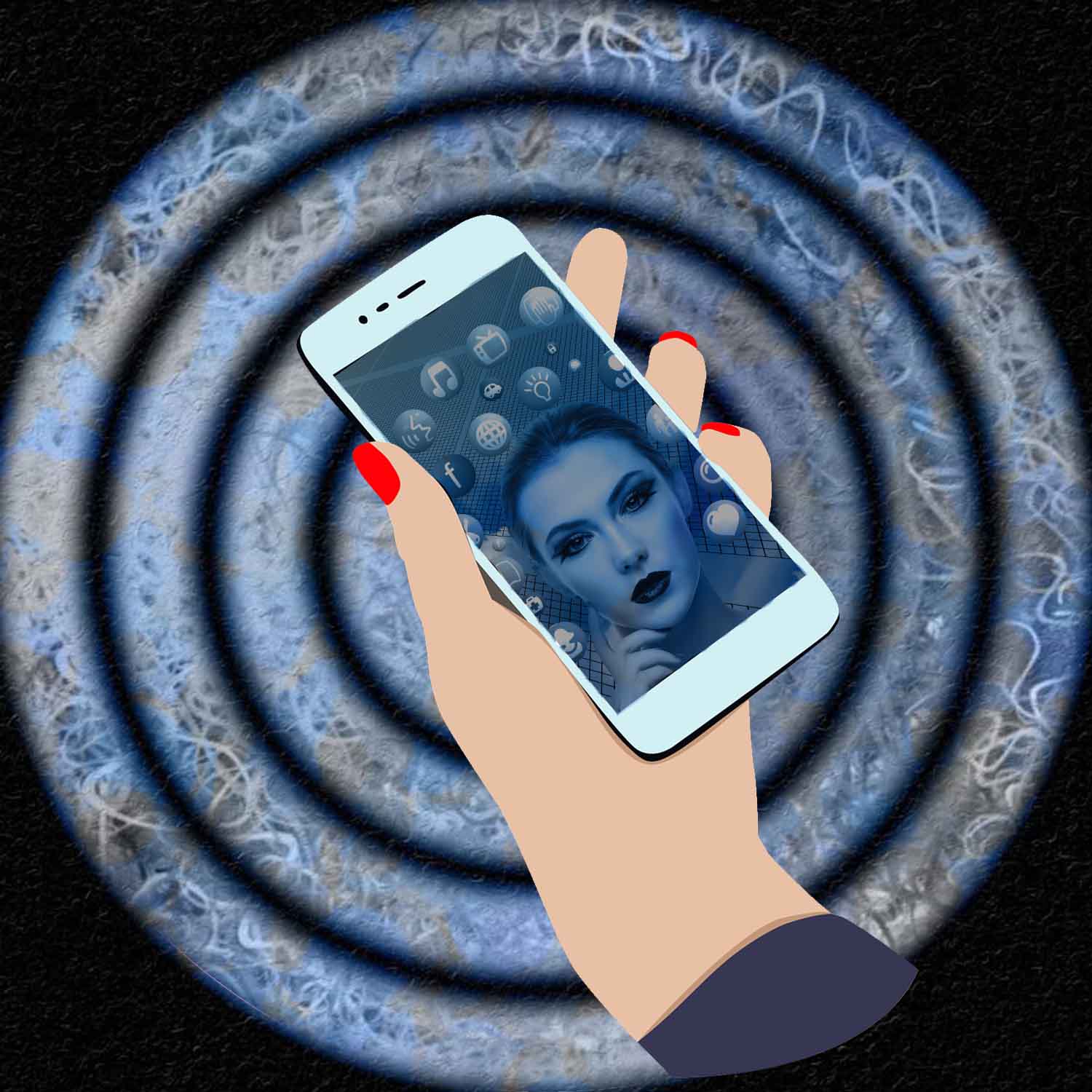 Drawing of a hand holding a cell phone with computer generated woman's face and app icons on the screen.