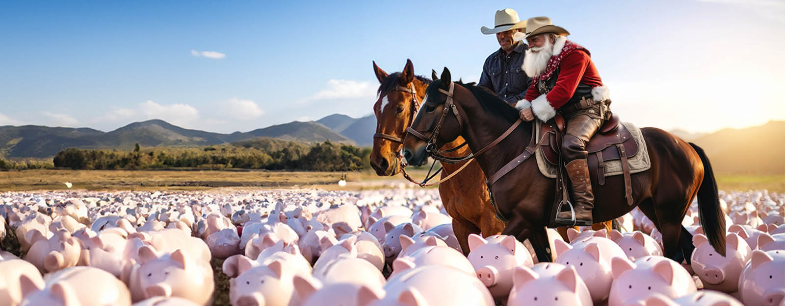 AI generated image of a cowboy riding horses with a cowboy Santa Claus among a herd of piggy banks.