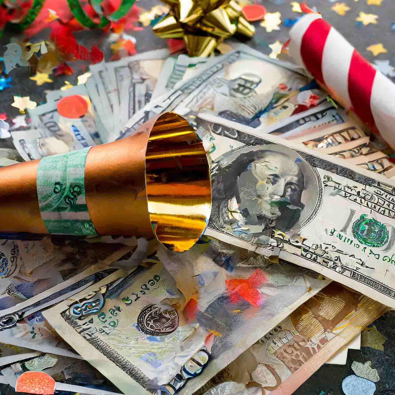 Photo of a party horn and confetti lying on top of a pile of one-hundred dollar bills.