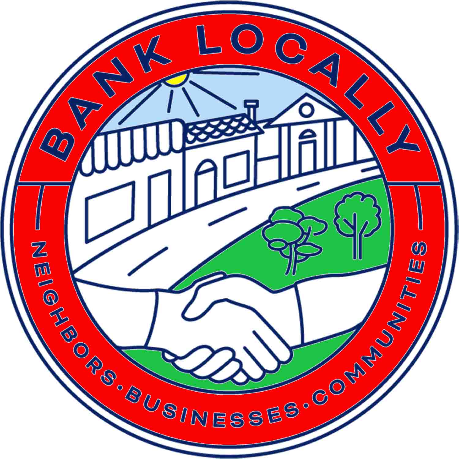 Drawing of a hand shake in front of a small town street with text reading bank locally, neighbors, business, communities.