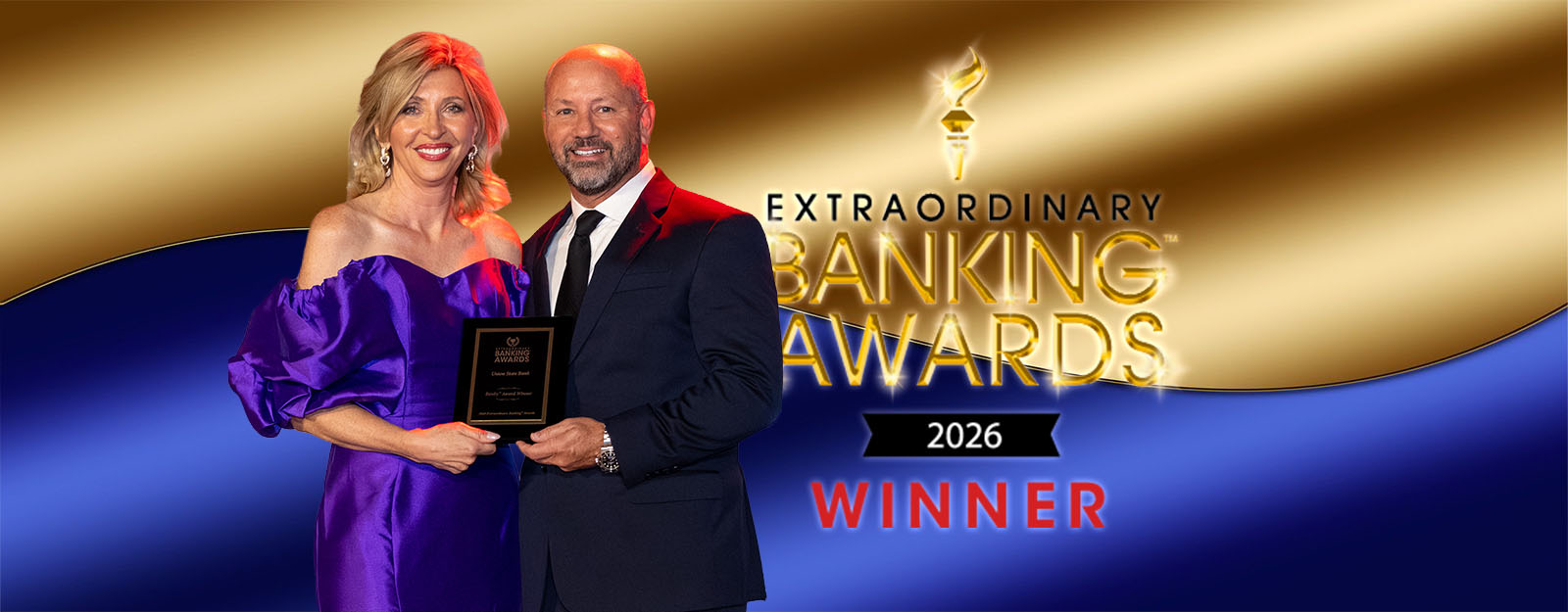 Logo for the Extraordinary Banking Awards Winner 2026 and photo of USB President Eric Kurtz being presented with award.