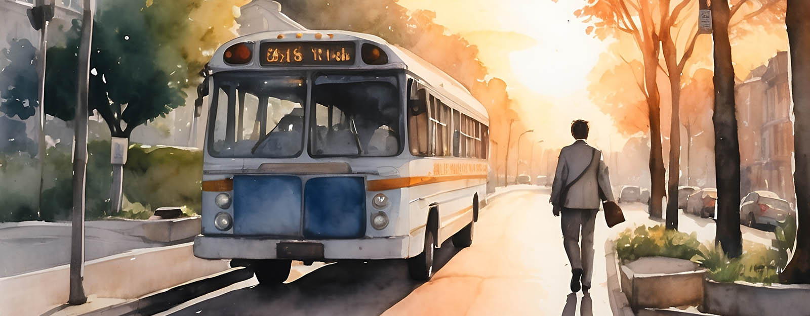 Artist rendering of a watercolor painting showing young adult walking towards bus.