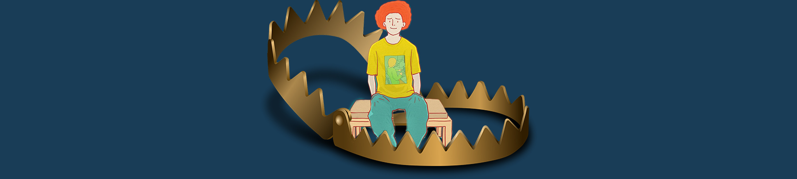 Artist concept of a young adult sitting inside of a giant bear trap. College Financial Pitfalls
