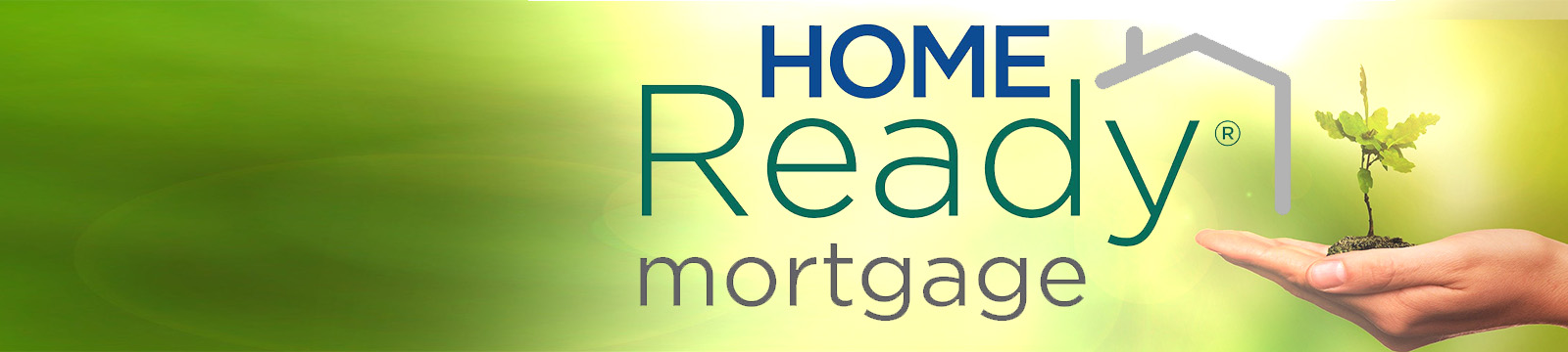Image of a hand facing palm up holding a tree seedling beside the Home Ready Mortgage logo.