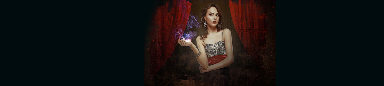 Illustration of a woman holding out her hand filled with a flame as smoke rises above. Red stage curtains in the background.