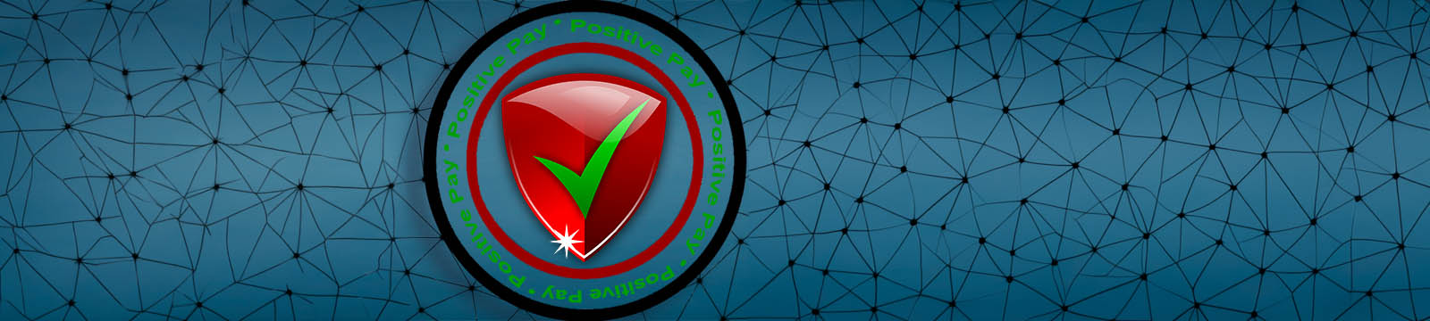 Image of the Positive Pay logo which is a circle with a red shield in the center. The shield has a green checkmark on it.