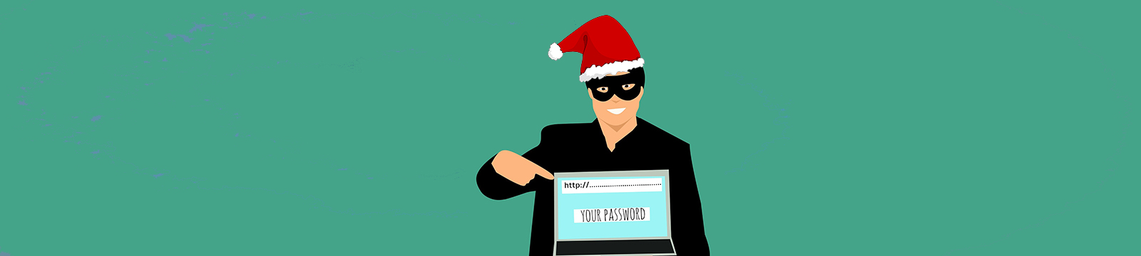 Image of a masked man wearing a santa hat pointing at a laptop screen for passwords.