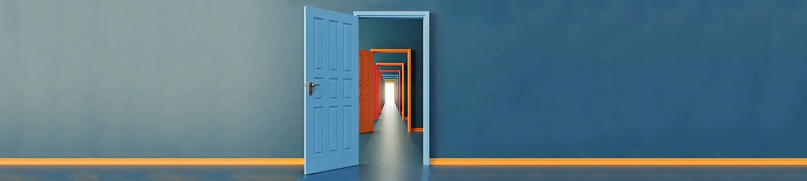 Artist rendering of a row of colorful doors opening to a bright light.