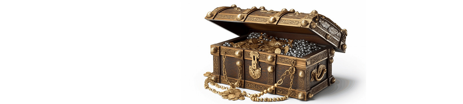 Realistic graphic of a wooden chest filled with gold and jewels.
