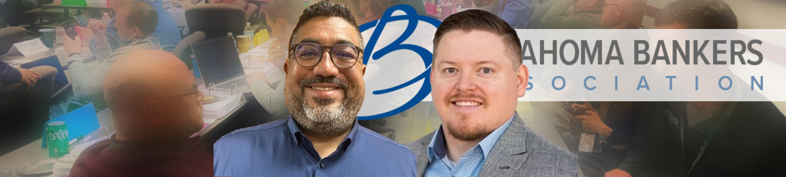 Photo of Gus Burton and Juan Gutierrez in front of an Oklahoma Bankers Association Banner.