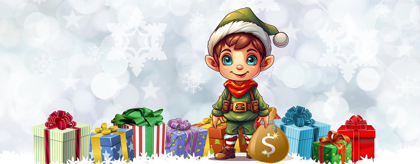 Drawing of a young elf holding a money bag while surrounded by presents.