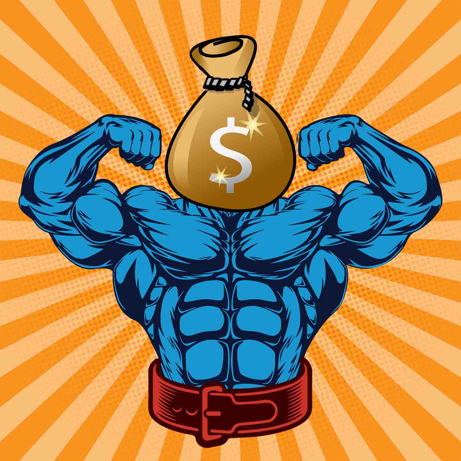 Cartoon image of a money bag with a blue muscular torso flexing it's arms.