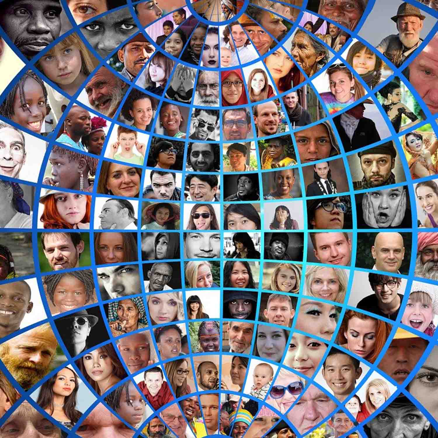 Photo of numerous close up photographs of various people, each photo combing to form the shape of an expanding globe. 