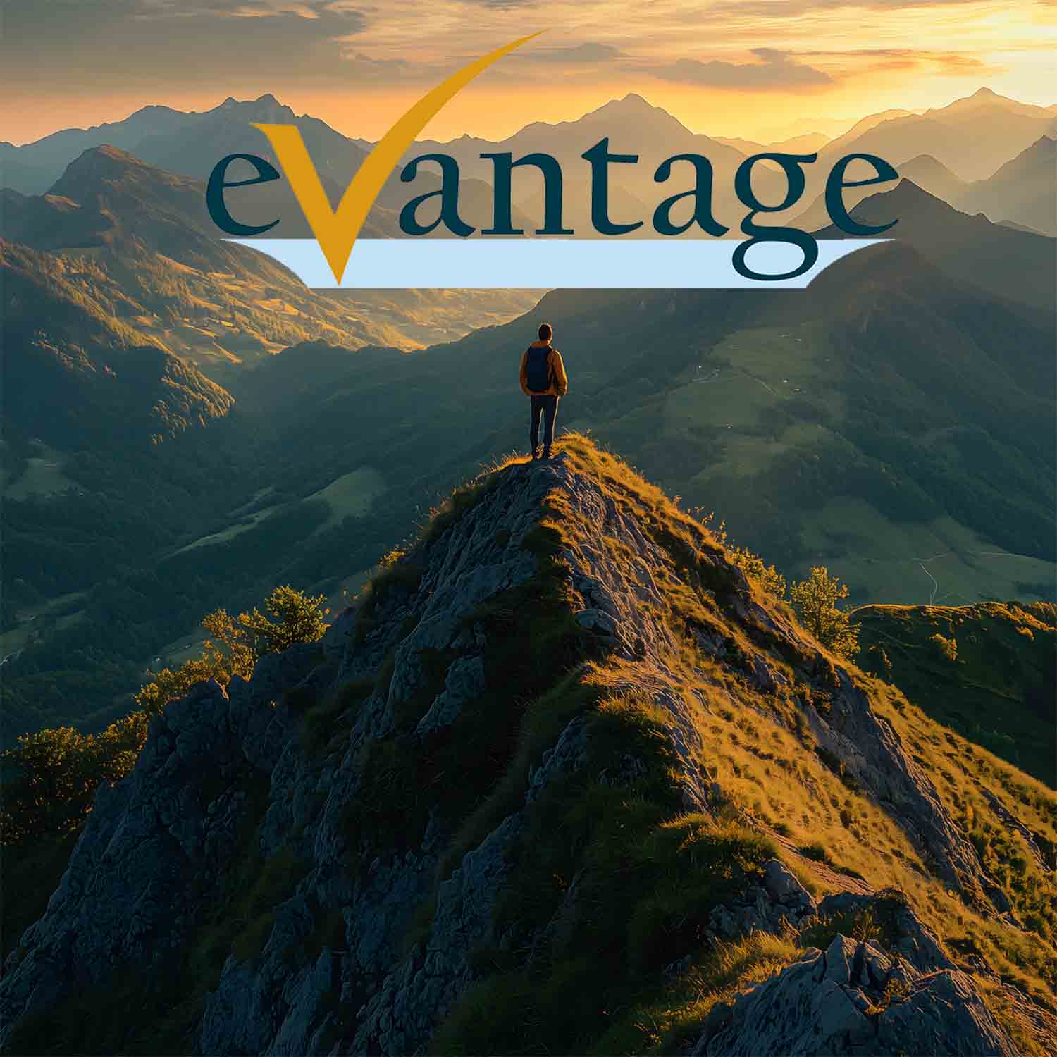 Illustration of a person standing on top of a hill looking towards a mountain range as the sun rises. the word eVantage is overlayed.
