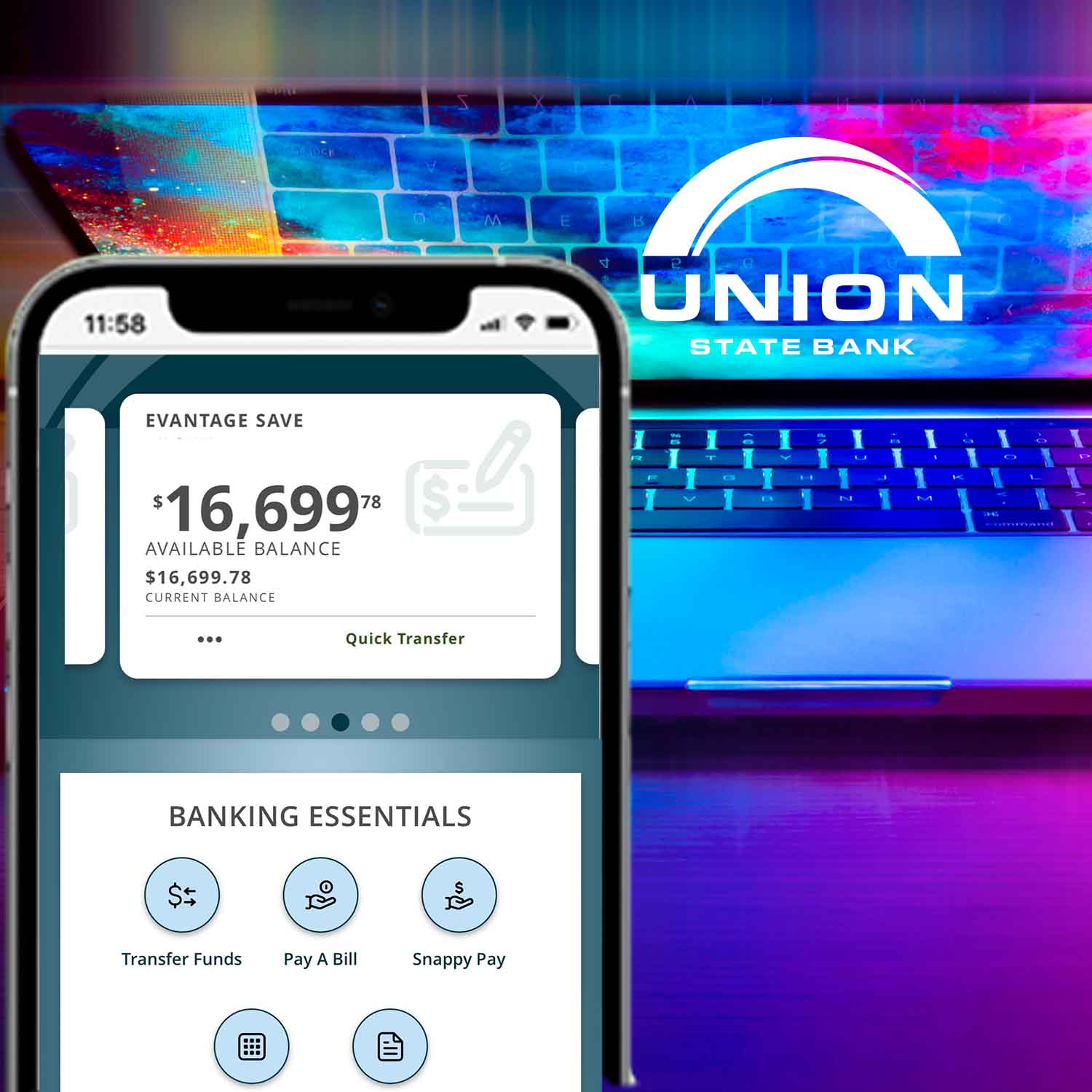 Image of a colorful laptop screen and a mobile phone displaying the Union State Bank mobile banking app.