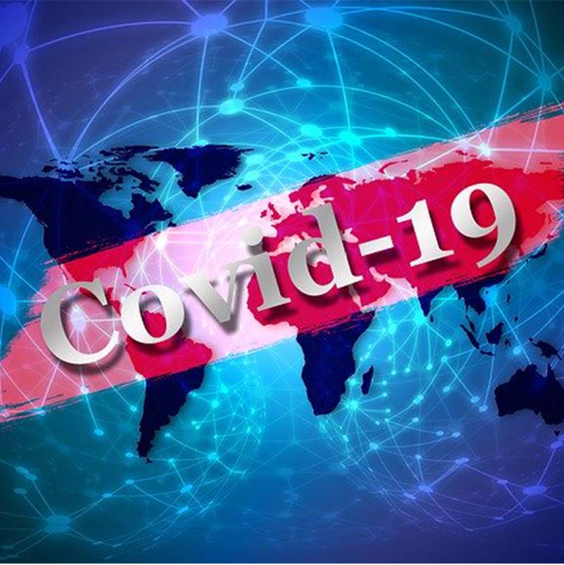 Image of an expanded globe with a red stripe running across which reads Covid-19.
