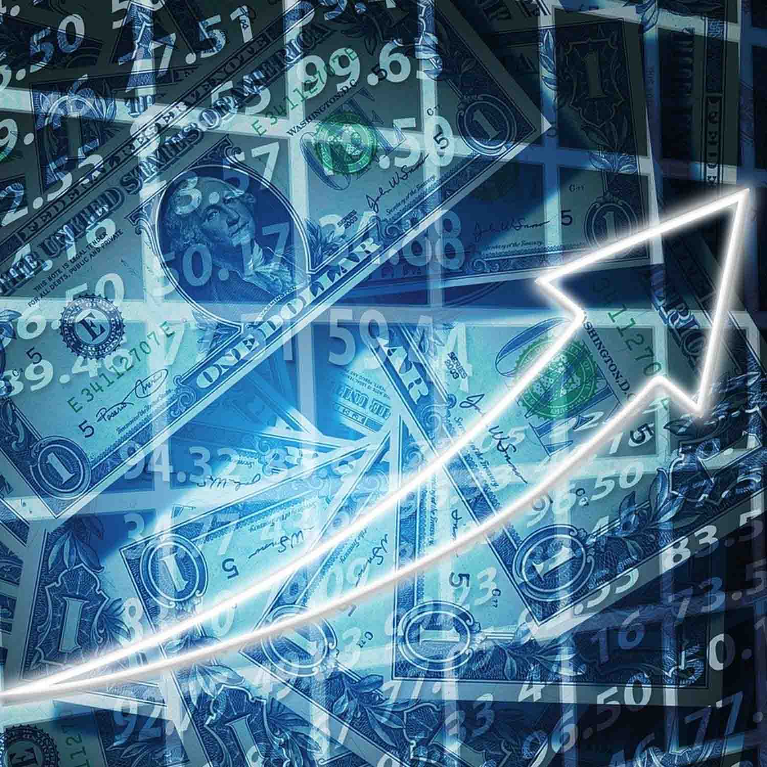 Graphic of an electronic grid overlapping a pile of dollar bills with an arrow sweeping upwards.
