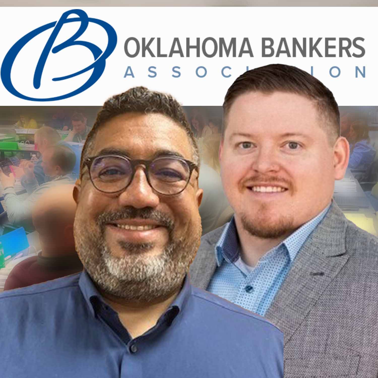 Photo of Gus Burton and Juan Gutierrez in front of an Oklahoma Bankers Association Banner.