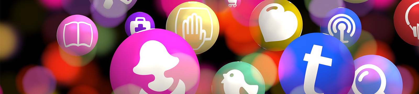 Various colorful bubbles, each with a different icon representing both traditional and online communication channels.