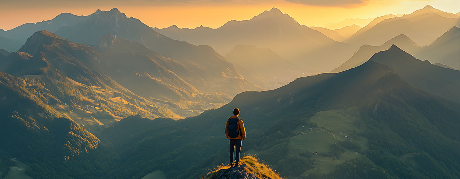 Illustration of a person standing on top of a hill looking towards a mountain range as the sun rises.