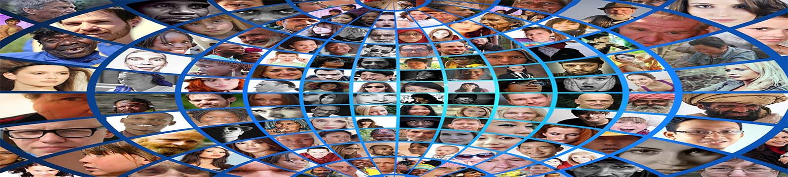 Photo of numerous close up photographs of various people, each photo combing to form the shape of an expanding globe. 